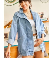 ESB Design Kadın Mavi Cepli Fermuarlu Çıtçıtlı Uzun Denim Ceket