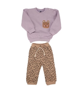 Kız Bebek Lila Kahve Kedi Nakışlı Leopar Desenli 3 İp 2'li Takım