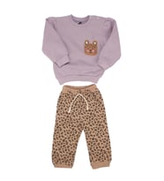 Kız Bebek Lila Kahve Kedi Nakışlı Leopar Desenli 3 İp 2'li Takım
