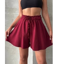 Volanlı keten şort bordo s255058