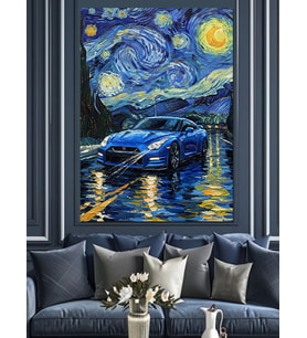 Van Gogh Yıldızlı Gece Tablosu Ve Araba Dekoratif Kanvas - Mdf Ahşap Tablo