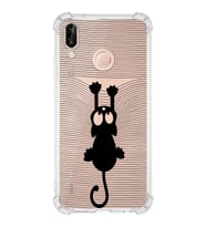 Huawei P20 Lite  Köşe Korumalı Antişok Kapak Çizgi Kedi (Siyah) Tasarımlı Şeffaf Kılıf