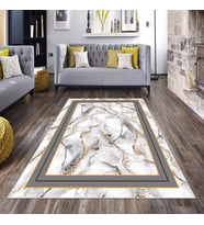 Beyaz Mermer Desen Gri Çerçeveli Yıkanabilir Kaymaz Taban Leke Tutmaz Modern Salon Halısı ve Yolluk (Gold)