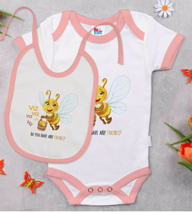 BK Kids Sevimli Arı Tasarımlı Pembe Bebek Body Zıbın ve Mama Önlüğü Hediye Seti-1