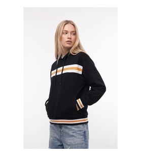 Kadın Kapüşonlu Çizgi Detaylı Siyah Sweatshirt