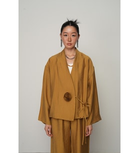 Kadın Gül Detaylı Yandan Bağlamalı Düz Renk Kimono-Ceket (Kahve-Hardal)