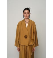 Kadın Gül Detaylı Yandan Bağlamalı Düz Renk Kimono-Ceket (Kahve-Hardal)