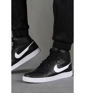 Nike Ebernon Mid Triple Leather Erkek Sneaker Hakiki Deri Bilekli Spor Ayakkabı Siyah