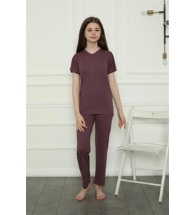 Akbeniz Kız Çocuk Penye Pijama Takım 20399 (Mürdüm)