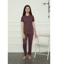 Akbeniz Kız Çocuk Penye Pijama Takım 20399 (Mürdüm)