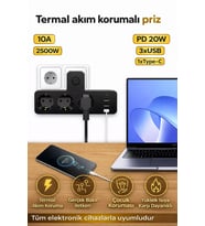Termal Akım Korumalı 3 Priz / 3 Usb / 1 Typec 20w Girişli 2500W Duvar Tipi 3 Lü Priz