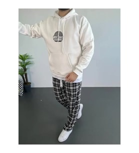 Erkek Baskılı Üç İplik Kapüşonlu Oversize Sweatshirt - Beyaz