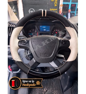 Ford Transit Dikme Direksiyon Kılıfı Delikli Deri Parlak Siyah Bej Detay Çift Yüzük ve Dikiş 2014+