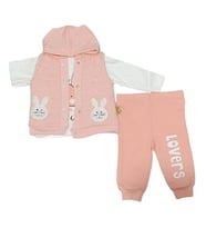 YAVRUCAK BABY 116371 Kız Bebek Süzineli Kapüşonlu Yelekli Somon Üçlü Takım  (Karışık)