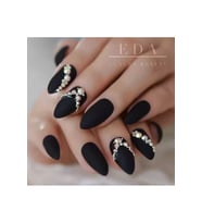 EDA LUXURY BEAUTY Siyah Mat Takma Tırnak Lüks 3d Kristal Taşlı Desenli Uzun Oval Stiletto Nail Art Yapıştırıcılı Set E87