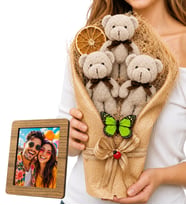 Premium Tasarım Ahşap Fotoğraf Çerçeveli Büyük Boy Gri Peluş Ayıcık Buketi