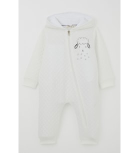 Breeze Erkek Bebek Tulum Kapitone Desenli Sevimli Kuzucuk Baskılı Kapüşonlu 4 Ay-1.5 Yaş, Ekru