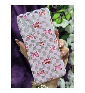 Samsung Galaxy A52 Uyumlu Kiraz ve Fiyonk Desenli Şeffaf Telefon Kılıfı