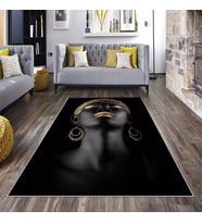 Siyah Afrikalı Kadın Desenli Yıkanabilir Kaymaz Taban Leke Tutmaz Modern Salon Halısı ve Yolluk (Gold)