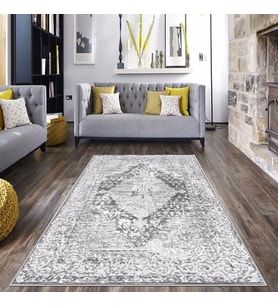 Gri Zemin Osmanlı Motif Göbekli Yıkanabilir Kaymaz Taban Leke Tutmaz Modern Salon Halısı ve Yolluk (Gri-Beyaz)