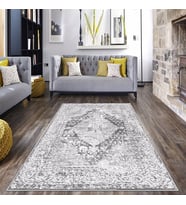 Gri Zemin Osmanlı Motif Göbekli Yıkanabilir Kaymaz Taban Leke Tutmaz Modern Salon Halısı ve Yolluk (Gri-Beyaz)