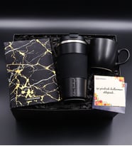 Kişiye Özel Siyah 500 Ml Çelik Termos & Siyah Mermer Desen Defter & Siyah Mat Kupa Hediye Seti