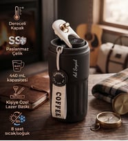 Kişiye Özel İsim Baskılı Hediyelik Paslanmaz Çelik Şık Termos Derece Göstergeli 440mL. Siyah