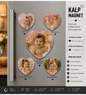 Kalp Fotoğraf Magneti Kız Bebeğe Kişiselleştirilebilir İlk Anılar ve Büyüme Hediye Seti