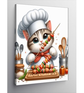 Kanvas Tablo Şiş Kebap Yapan Kedi