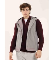 Gri Erkek Slim Fit Düz Casual Kapüşonlu Yelek Mont