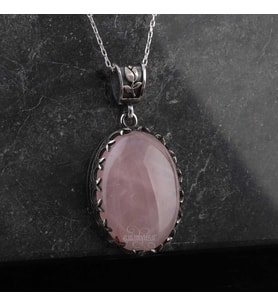 Pembe Kuvars Doğal Taşlı 925 Ayar Gümüş Hilal Motifli Kolye