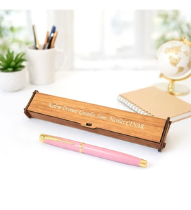 Kişiye Özel Ahşap Kutulu Premium Pembe Metal Roller Kalem