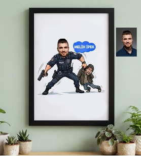 Kişiye Özel Karikatürlü Erkek Polis Siyah Çerçeve Polis Günü Hediyesi