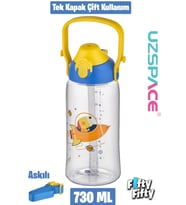 Uzspace 730ml Tritan Tek Kapak Çift Kullanım Pipetli/Pipetsiz Askı Aparatlı Tritan Çocuk Su Matarası