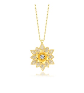925 Ayar Gümüş Gold Beyaz Taşlı Lotus Çiçeği Kadın Kolye
