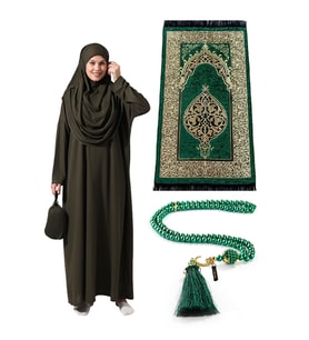 Tek Parça Namaz Elbisesi - Seccade - Tesbih - İbadet Seti - Haki (Siyah)