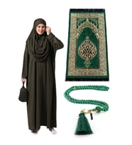 Tek Parça Namaz Elbisesi - Seccade - Tesbih - İbadet Seti - Haki (Siyah)