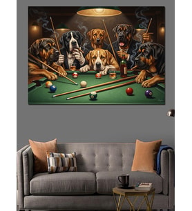 Bilardo Oynayan Köpekler Eğlenceli Tablo Dekoratif Kanvas - Mdf Ahşap Tablo