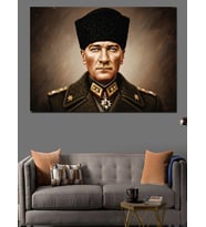 Yağlı Boya Kalpak Başlıklı Atatürk Portresi Dekoratif Kanvas - Mdf Ahşap Tablo