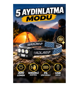 300 Lümen Sensörlü LED Kafa Feneri – USB Şarjlı, Pil Göstergeli ve SOS Modlu