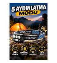 300 Lümen Sensörlü LED Kafa Feneri – USB Şarjlı, Pil Göstergeli ve SOS Modlu