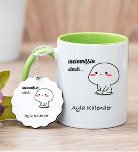 Kişiye Özel İncinmişsin Dedi Tasarım Esprili Yeşil Kupa Bardak ve Anahtarlık