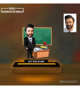 Erkek Sınıf Öğretmeni Karikatürlü Kişiye Özel Karikatürlü 14 cm MDF Işıklı Biblo - Öğretmen Hediyesi Öğretmene Özel Hediye