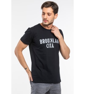 Süperlife Erkek Bisiklet yaka Brooklyn City Baskılı Tişort SPR 253 (Siyah)