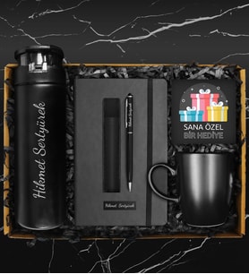 Kişiye Özel Cam Matara Suluk & Siyah Kupa &Kişiye Özel Defter & Deri Kılıflı Touch Pen Kalem & Hediye Kartı Seti