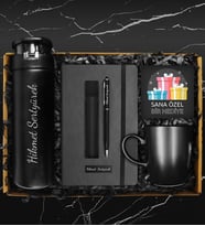 Kişiye Özel Cam Matara Suluk & Siyah Kupa &Kişiye Özel Defter & Deri Kılıflı Touch Pen Kalem & Hediye Kartı Seti