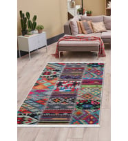 Dijidekor Halı Çok Renkli 9010 Yıkanabilir Saçaklı Kesme İnce Yolluk Kilim Salon Halısı Modelleri (Çok Renkli-Multı)