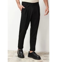 Erkek Yeni Moda Boru Paça Regular Boy Dokuma İtalyan Kesim Pileli Kumaş Pantolon (Siyah)