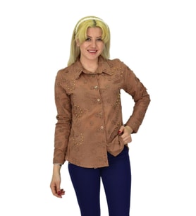Kadın Brodeli Taşlı Bluz BGL-ST03720 (Açık Kahverengi)