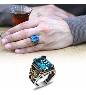 Baget Kesim Aqua Zirkon Taşlı Yanları Gotik Süslemeli 925 Ayar Gümüş Erkek Yüzük (Çok Renkli)